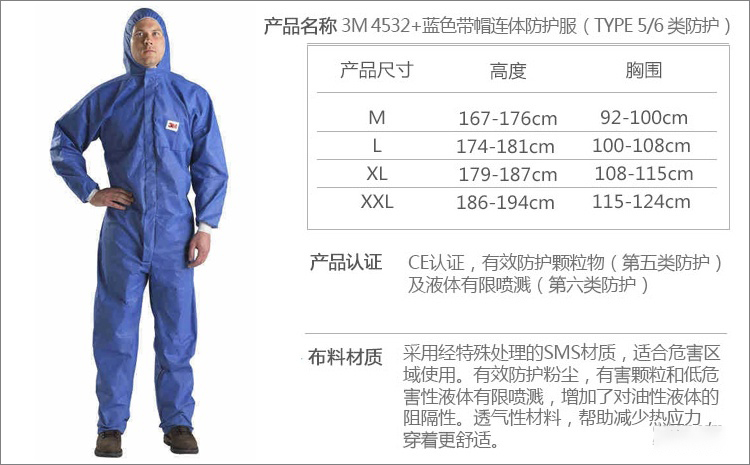 <a href='https://www.jcehs.cn/3m'>3M</a>4532+蓝色带帽连体防护服介绍